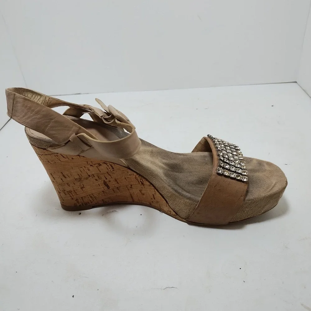 Nine West Womens Rhinestone Platform Cork Wedge Sandals Ankle‎ Strap Buckle 8 M